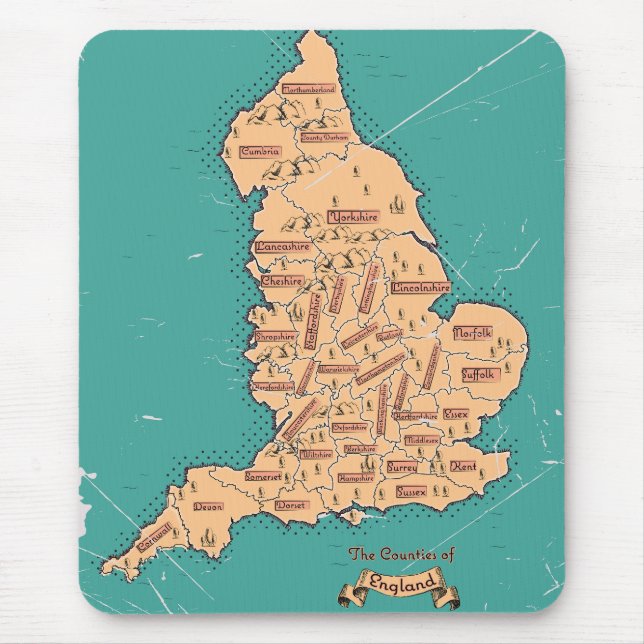 Mousepad Mapa dos condados da Inglaterra Vintage (Frente)