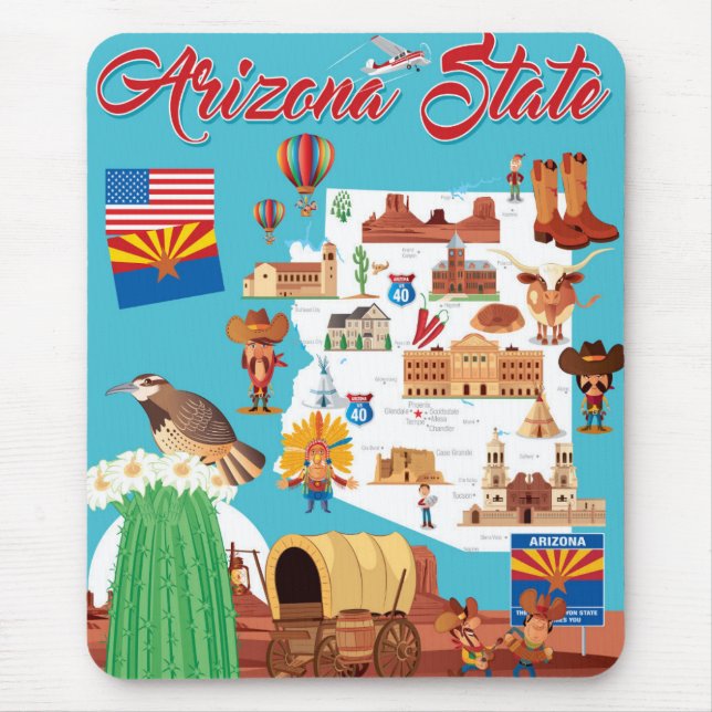 Mousepad Mapa dos desenhos animados da arizona (Frente)