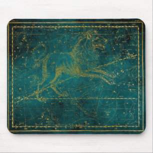 Mousepad Mapa Estelar Verde e Dourado de Leão Ilustrado Vin