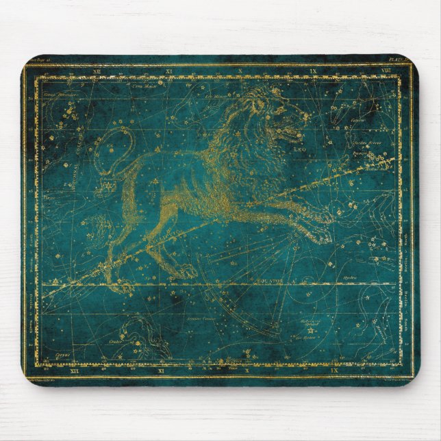Mousepad Mapa Estelar Verde e Dourado de Leão Ilustrado Vin (Frente)