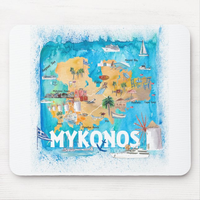 Mousepad Mapa Ilustrado de Grécia do Mykonos com Pontos de  (Frente)
