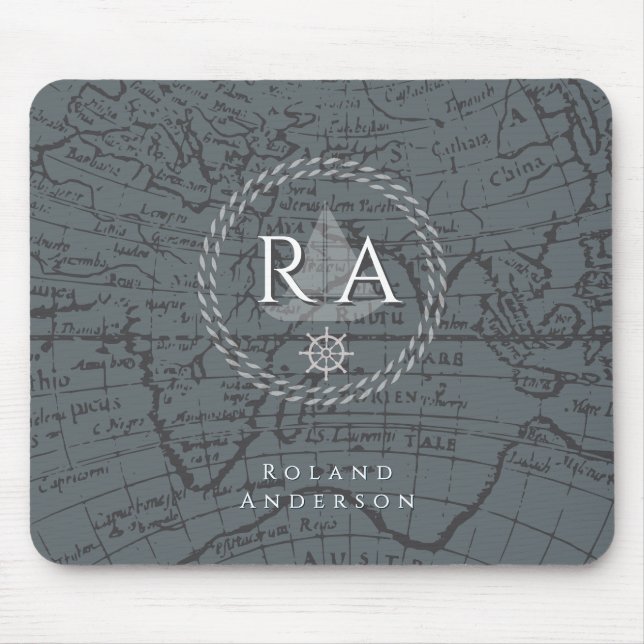 Mousepad Mapa Monograma de Corda Náutica Cinza (Frente)