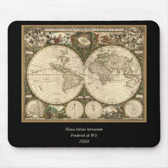 Mousepad Mapa mundial antigo de Frederick de Wit em 1660 (Frente)