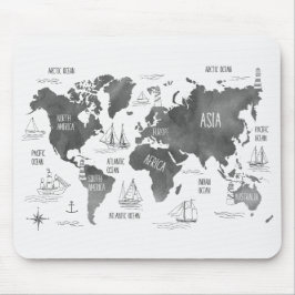 Mousepad Mapa Mundial Arte Preto Branco Náutico