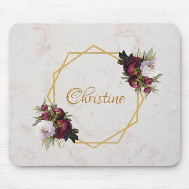 Mousepad Marble Dourado Burgundy Red Peonies (Frente)