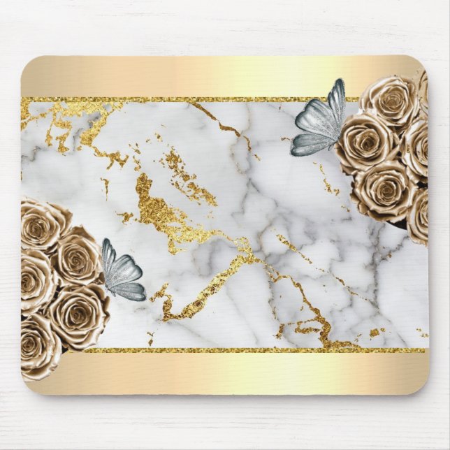 Mousepad Marble Dourado Rosa Borboleta (Frente)