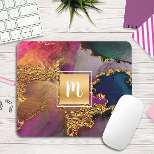 Mousepad Marble watercolor dourado monograma azul roxo