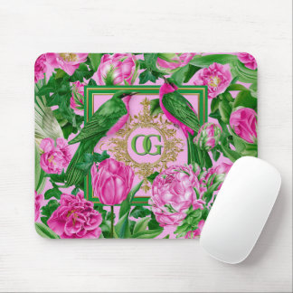 Mousepad Marcante Monograma Rosa e Verde Botânico