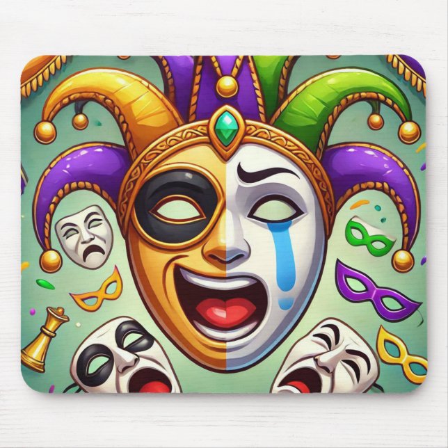 Mousepad Mardi Gras. Duas máscaras azuis com emoções (Frente)