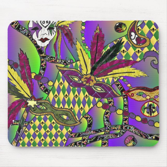 Mousepad Mardi Gras Feather Máscaras Psicodélicas Oferece R (Frente)