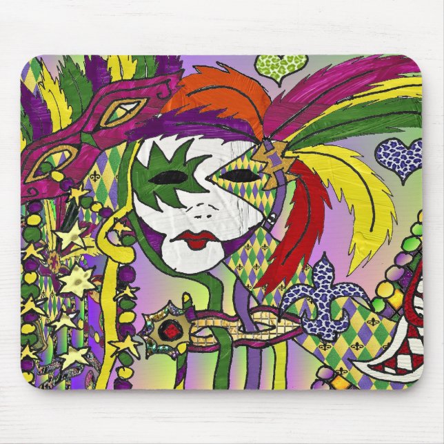 Mousepad Mardi Gras Feather Máscaras Psicodélicas Oferece R (Frente)