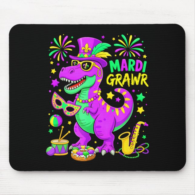 Mousepad Mardi Grawr T-rex Dino Mardi Gras Contas de Dinoss (Frente)