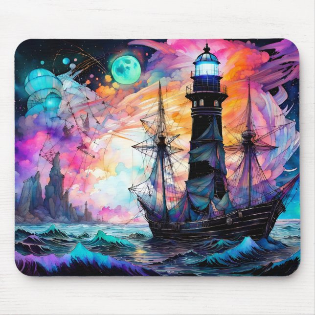 Mousepad Mares tempestuosos, farol de barco Abstrato da Lua (Frente)
