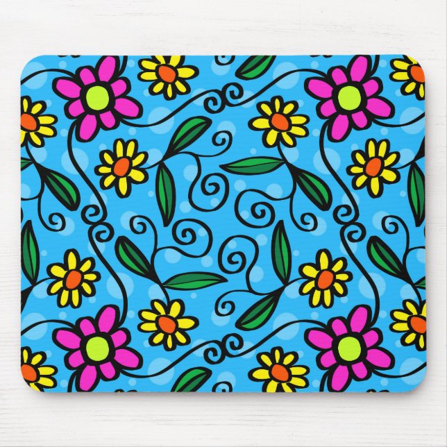Mousepad Margarida rosa amarela, flores com fundo azul (Frente)