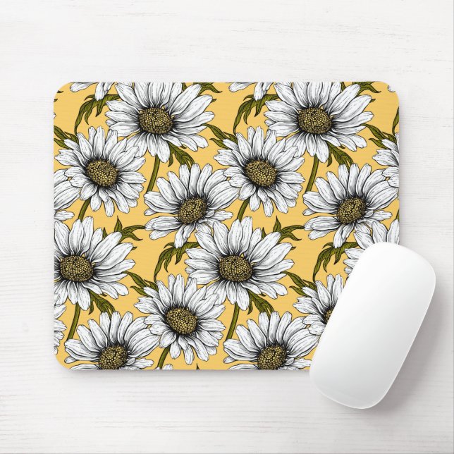 Mousepad Margaridas brancas, flores silvestres em amarelo (Com mouse)