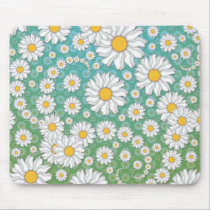 Mousepad Margaridas Brancas Fofas em Azul Verde