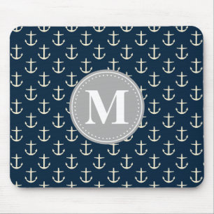 Mousepad Marinho Azul Creme Anchor Cinza Padrão Monograma