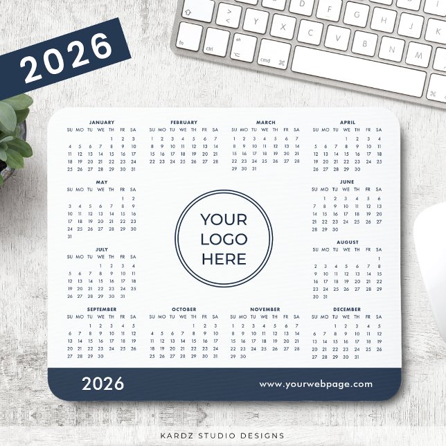 Mousepad Marinho Azul Logotipo comercial 2026 Calendário (Add your business logo and website or tagline.)
