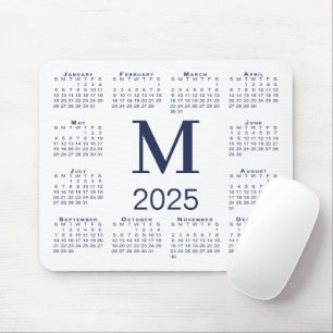 Mousepad Marinho Azul Monograma 2025 Calendário em Branco