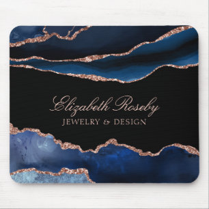 Mousepad Marinho Azul Rosa Dourado Agate Black Business Ele