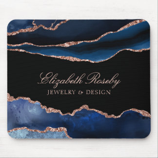 Mousepad Marinho Azul Rosa Dourado Agate Black Business Ele