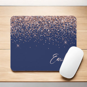 Mousepad Marinho Azul-Rosa Dourado - Monograma brilhante co