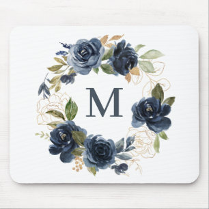 Mousepad Marinho Azul Rosas De Aquarela Floral Monograma