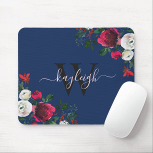 Mousepad Marinho Borgonha Nome Floral De Aquarela Monograma