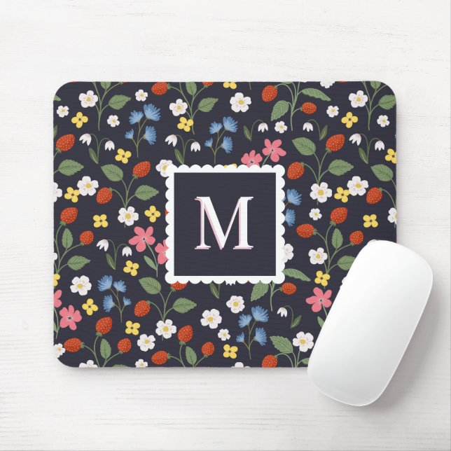 Mousepad marinho com padrão de morango silvestre (Com mouse)