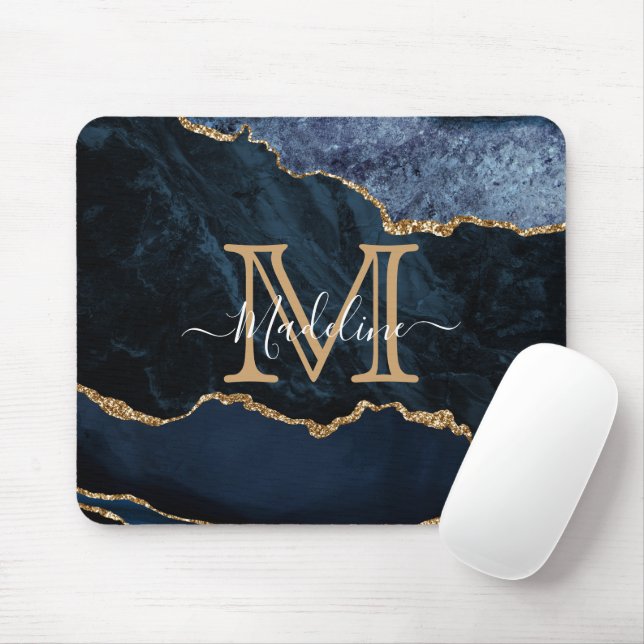 Mousepad Marinho de Geodo de Agate Chic Marble Monograma Do (Com mouse)