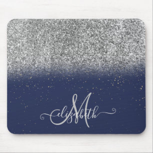 Mousepad Marinho de Monograma de Ombre de Brilho Moderno Az