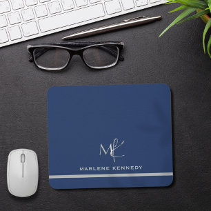 Mousepad Marinho de monograma personalizado elegante azul
