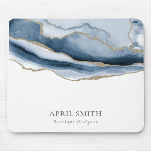 Mousepad Marinho Elegante Abstrato Azul Agate Dourado Water