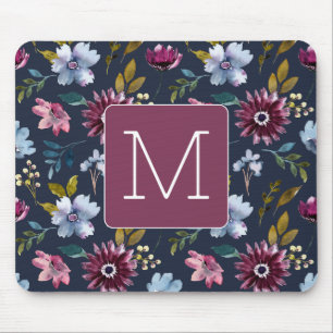 Mousepad Marinho Elegante inicial e burgundy Floral feminin