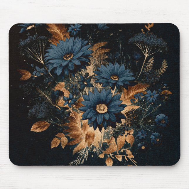 Mousepad Marinho Escuro Azul e Dourado Floral Glam Boho (Frente)