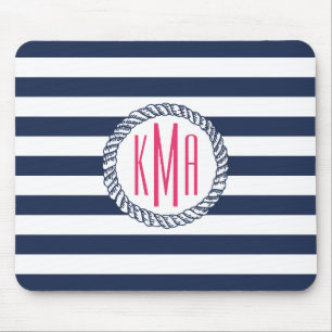 Mousepad Marinho náutico e faixa branca com monograma cor-d