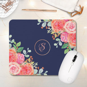 Mousepad Marinho Rosa Floral Coral, Dourado, Lítio