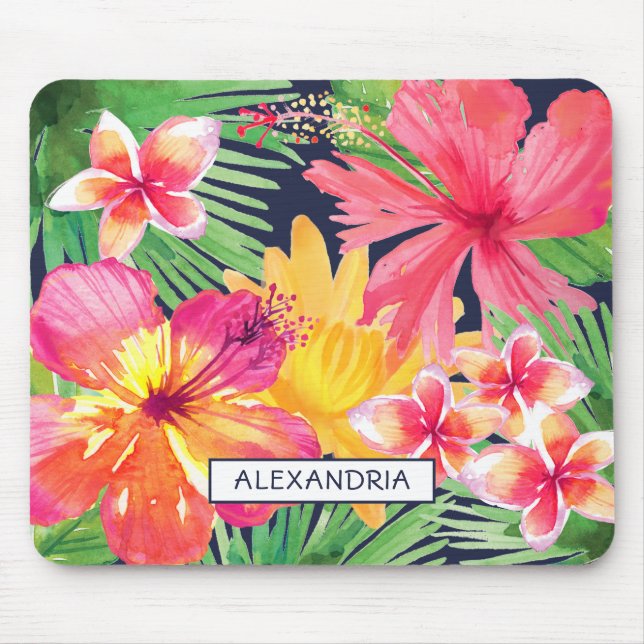 Mousepad Marinho Tropical Floral Rosa Hibiscus Plumeria Per (Frente)