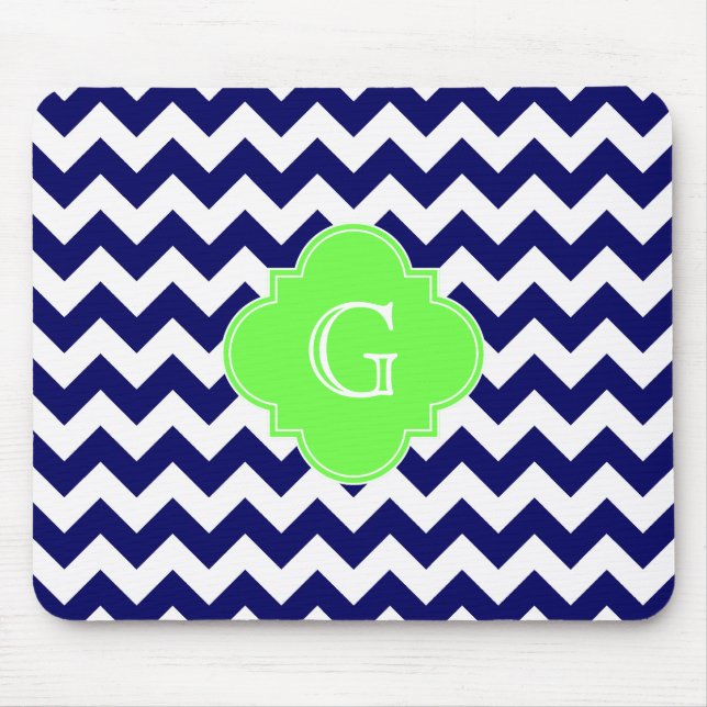 Mousepad Marinho Whevron Verde limão Quatrefoil Monograma (Frente)
