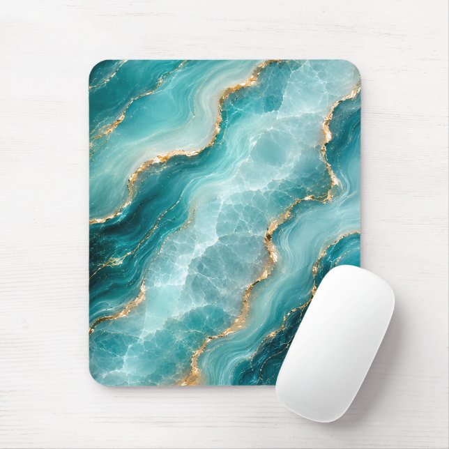 Mousepad Mármore Ágata Aqua Luxo com Veias Douradas (Com mouse)