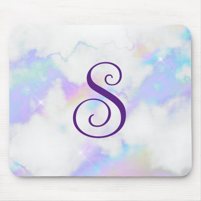 Mousepad Mármore Arco-Íris Iridescente Brilhante Monograma  (Frente)
