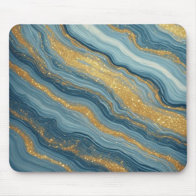 Mousepad Mármore Azul Abstrato Com Veias Douradas (Frente)