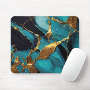 Mousepad Mármore Azul Teal Profundo com Veias de Ouro Ousad