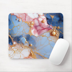 Mousepad Mármore Blush & Safira com Pérolas Douradas