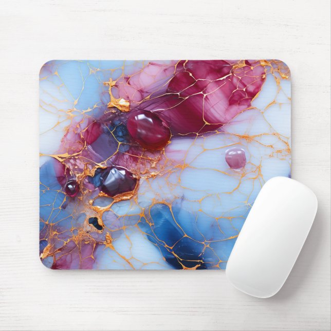 Mousepad Mármore Blush & Safira com Veias Douradas (Com mouse)