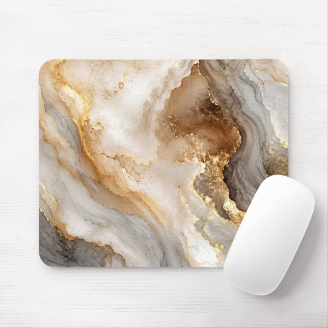 Mousepad Mármore Branco Abstrato Dourado e Marfim (Com mouse)