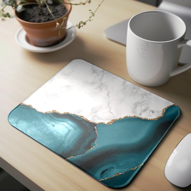 Mousepad Mármore Branco Ágata Azul Teal Dourada (Criador carregado)