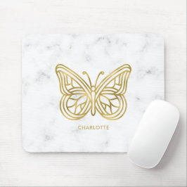 Mousepad Mármore branco e borboleta geométrica Dourada