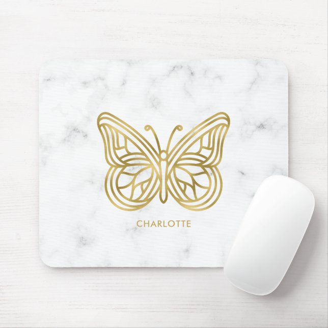Mousepad Mármore branco e borboleta geométrica Dourada (Com mouse)