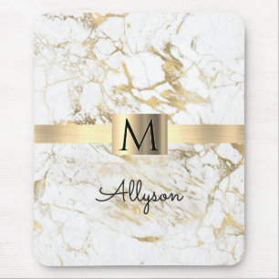Mousepad Mármore Branco e Dourado, Caixa Dourada, Monograma